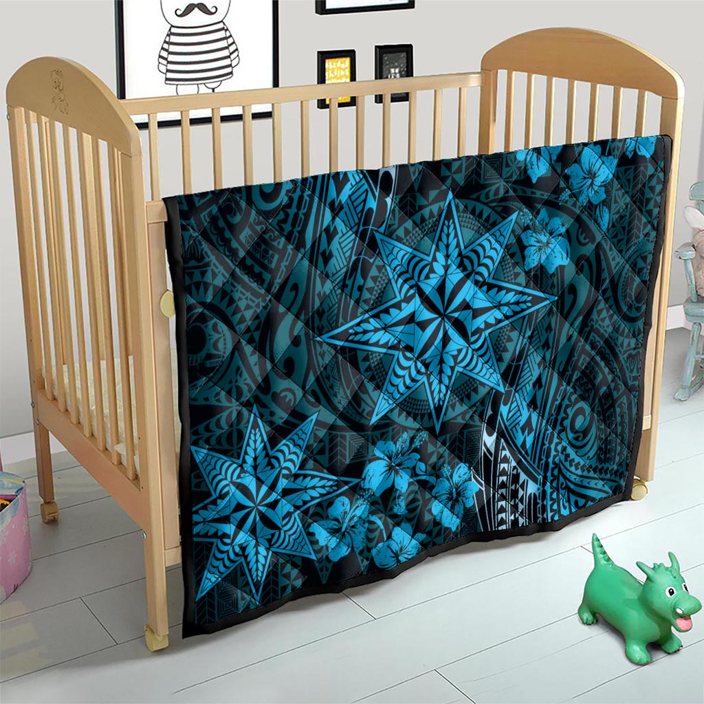 Vintage Tonga Tribal Ngatu Pattern Quilt With Pacific Floral Aqua Art LT9 - Polynesian Pride