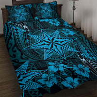 Vintage Tonga Tribal Ngatu Pattern Quilt Bed Set With Pacific Floral Aqua Art LT9 Aqua - Polynesian Pride