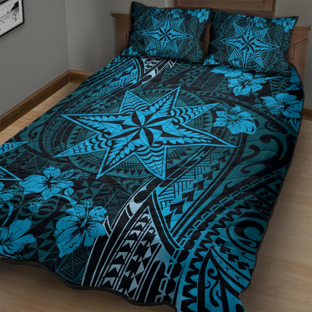Vintage Tonga Tribal Ngatu Pattern Quilt Bed Set With Pacific Floral Aqua Art LT9 - Polynesian Pride