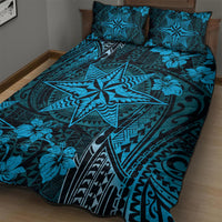 Vintage Tonga Tribal Ngatu Pattern Quilt Bed Set With Pacific Floral Aqua Art LT9 - Polynesian Pride