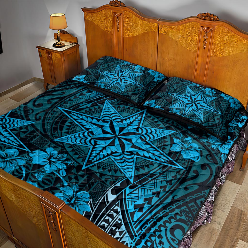 Vintage Tonga Tribal Ngatu Pattern Quilt Bed Set With Pacific Floral Aqua Art LT9 - Polynesian Pride