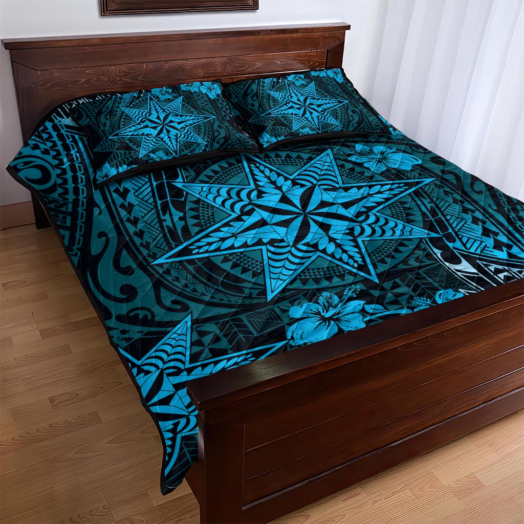 Vintage Tonga Tribal Ngatu Pattern Quilt Bed Set With Pacific Floral Aqua Art LT9 - Polynesian Pride