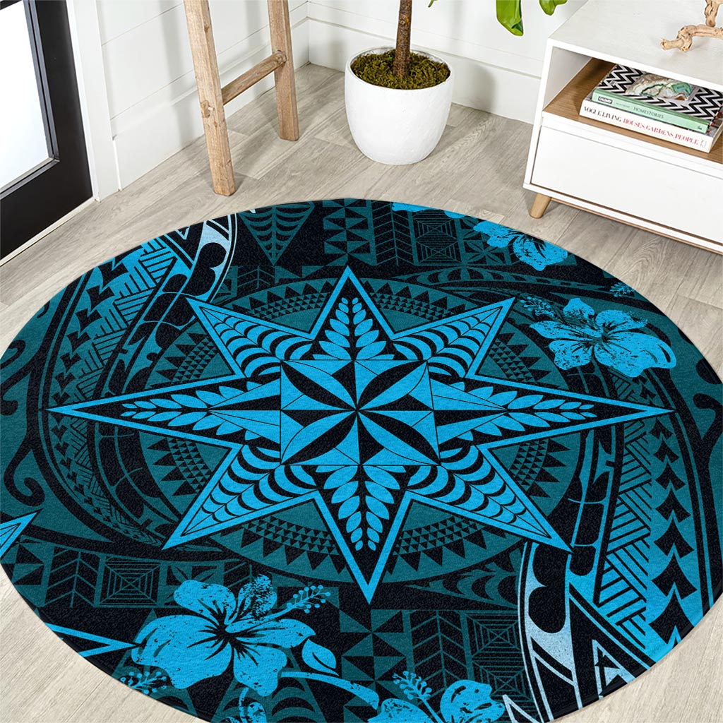 Vintage Tonga Tribal Ngatu Pattern Round Carpet With Pacific Floral Aqua Art LT9 Aqua - Polynesian Pride