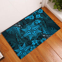 Vintage Tonga Tribal Ngatu Pattern Rubber Doormat With Pacific Floral Aqua Art LT9 Aqua - Polynesian Pride