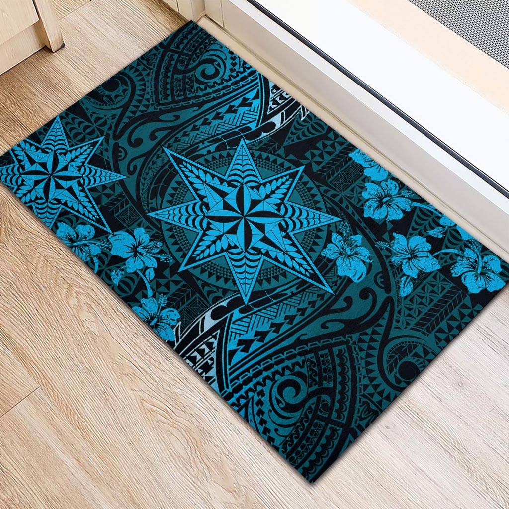Vintage Tonga Tribal Ngatu Pattern Rubber Doormat With Pacific Floral Aqua Art LT9 - Polynesian Pride