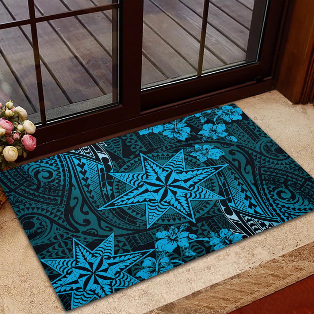 Vintage Tonga Tribal Ngatu Pattern Rubber Doormat With Pacific Floral Aqua Art LT9 - Polynesian Pride