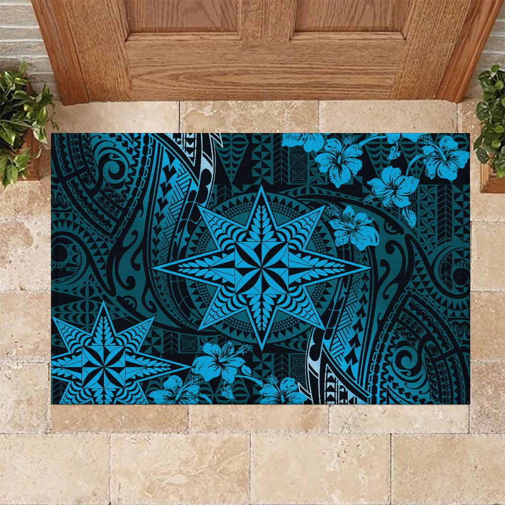 Vintage Tonga Tribal Ngatu Pattern Rubber Doormat With Pacific Floral Aqua Art LT9 - Polynesian Pride