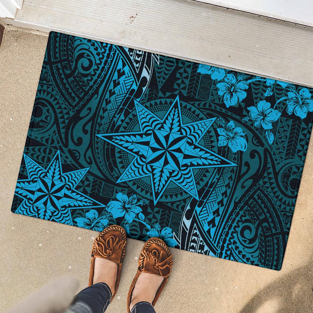 Vintage Tonga Tribal Ngatu Pattern Rubber Doormat With Pacific Floral Aqua Art LT9 - Polynesian Pride
