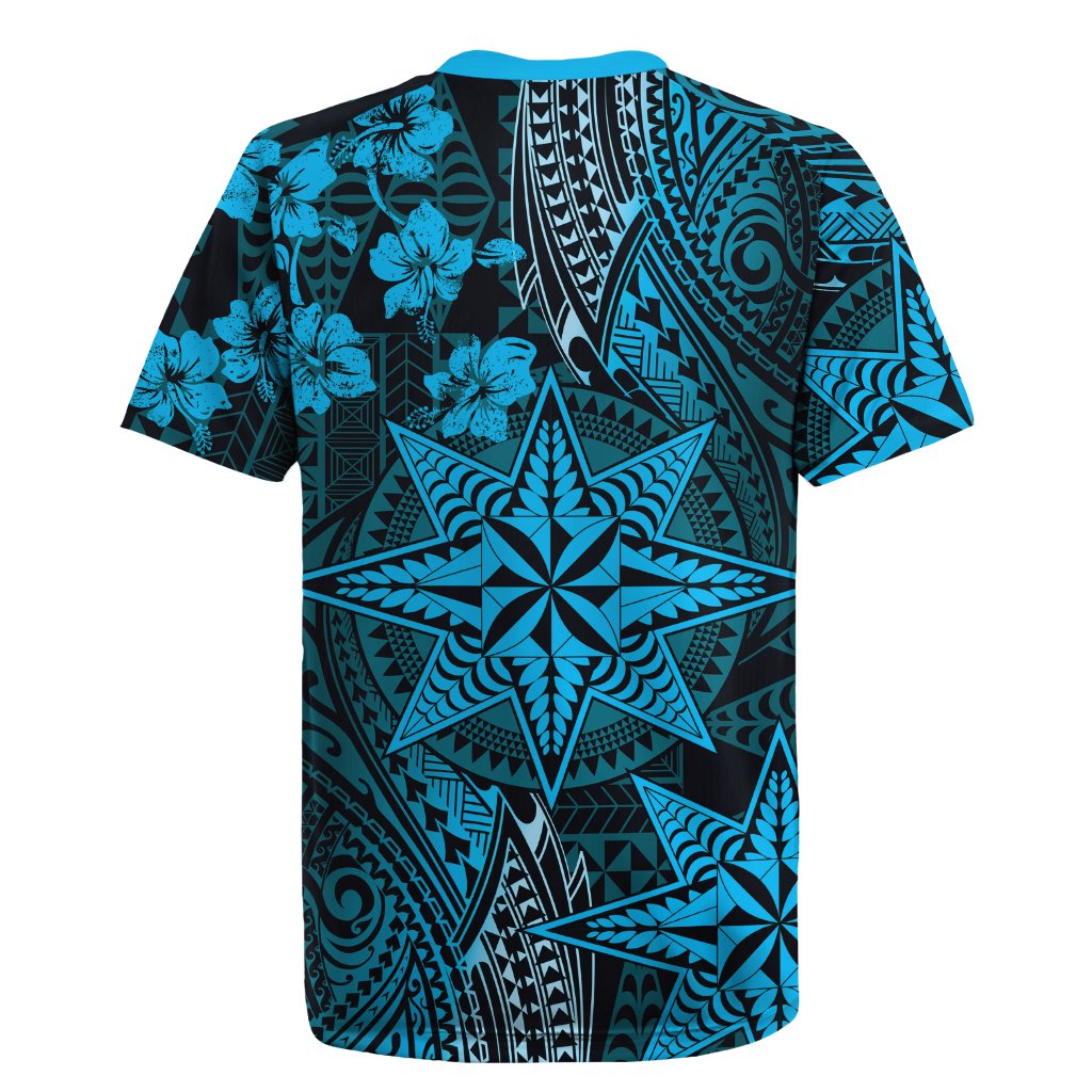 Vintage Tonga Tribal Ngatu Pattern Rugby Jersey With Pacific Floral Aqua Art LT9 - Polynesian Pride