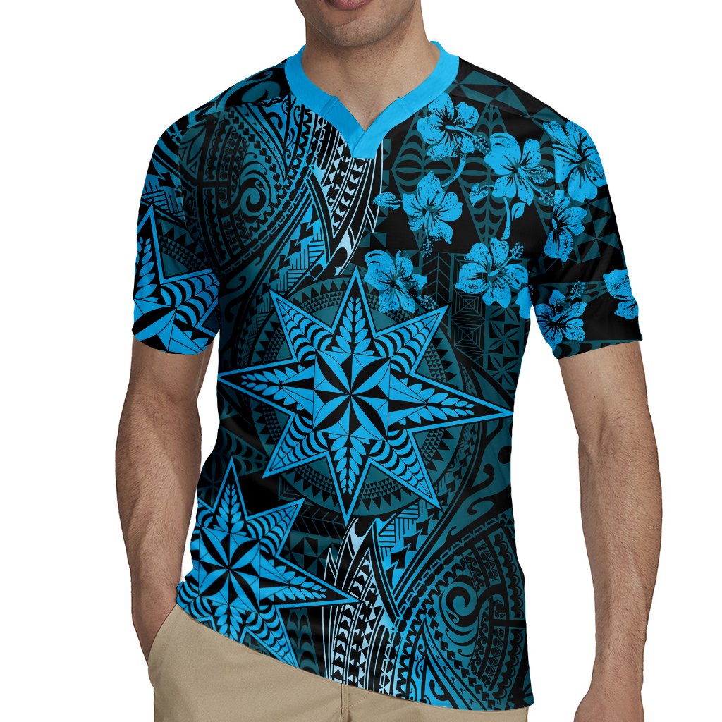 Vintage Tonga Tribal Ngatu Pattern Rugby Jersey With Pacific Floral Aqua Art LT9 - Polynesian Pride