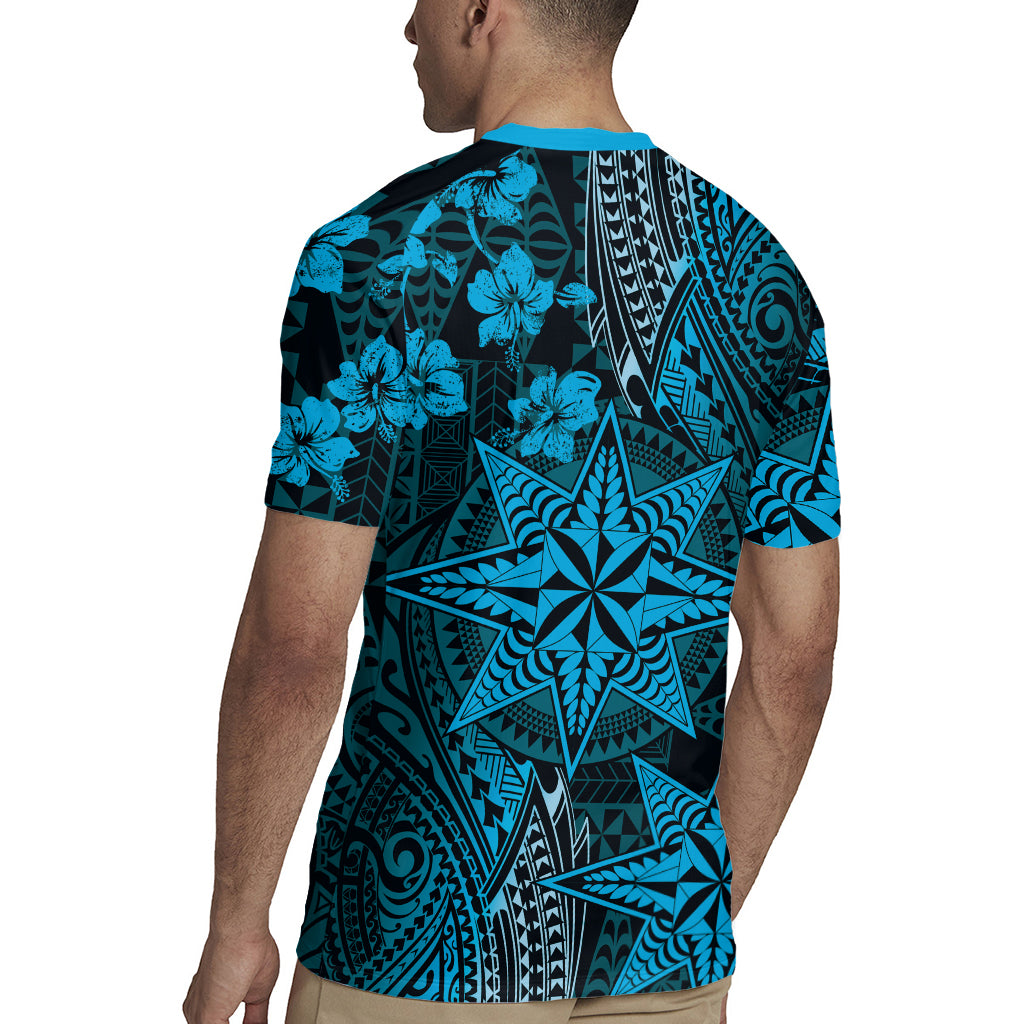 Vintage Tonga Tribal Ngatu Pattern Rugby Jersey With Pacific Floral Aqua Art LT9 - Polynesian Pride