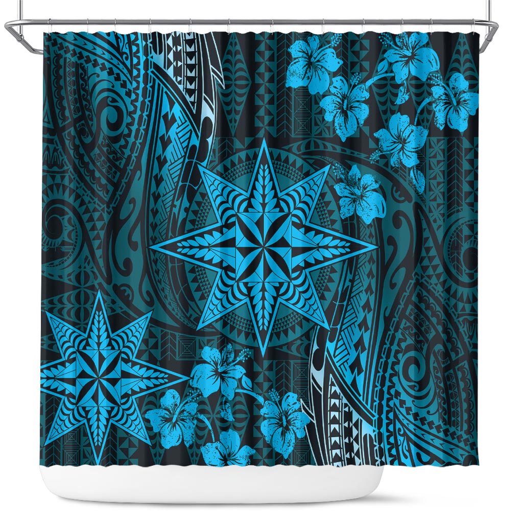 Vintage Tonga Tribal Ngatu Pattern Shower Curtain With Pacific Floral Aqua Art LT9 Aqua - Polynesian Pride