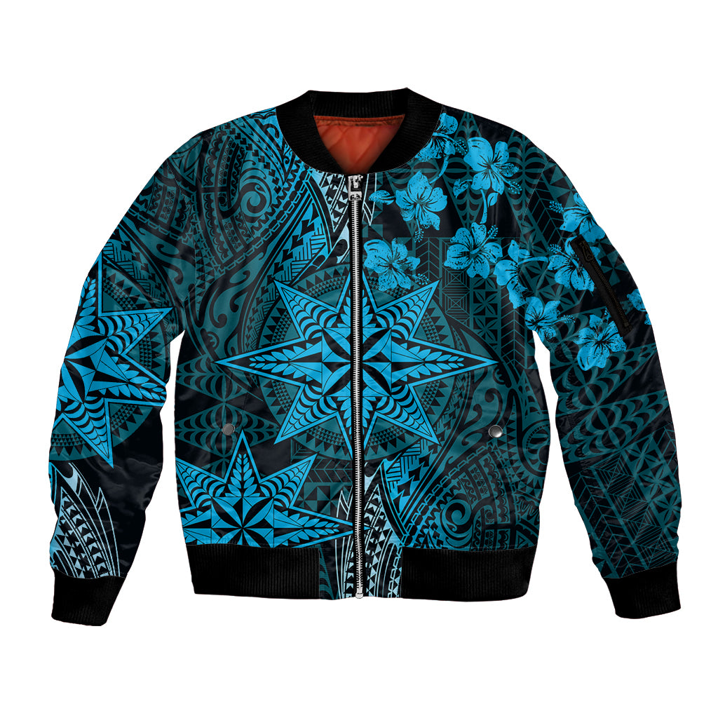 Vintage Tonga Tribal Ngatu Pattern Sleeve Zip Bomber Jacket With Pacific Floral Aqua Art LT9 Unisex Aqua - Polynesian Pride