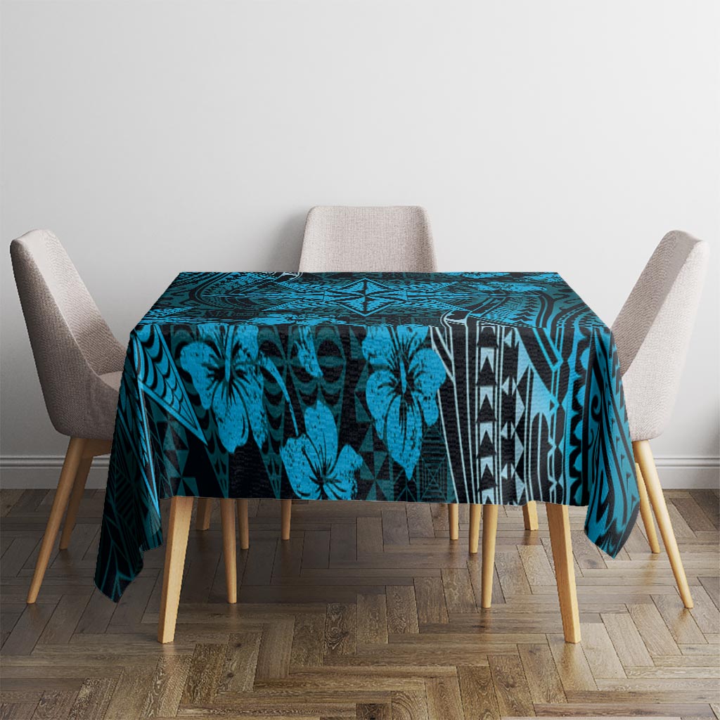 Vintage Tonga Tribal Ngatu Pattern Tablecloth With Pacific Floral Aqua Art LT9 - Polynesian Pride