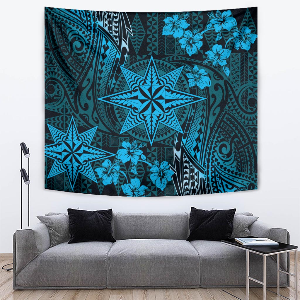 Vintage Tonga Tribal Ngatu Pattern Tapestry With Pacific Floral Aqua Art LT9 Aqua - Polynesian Pride