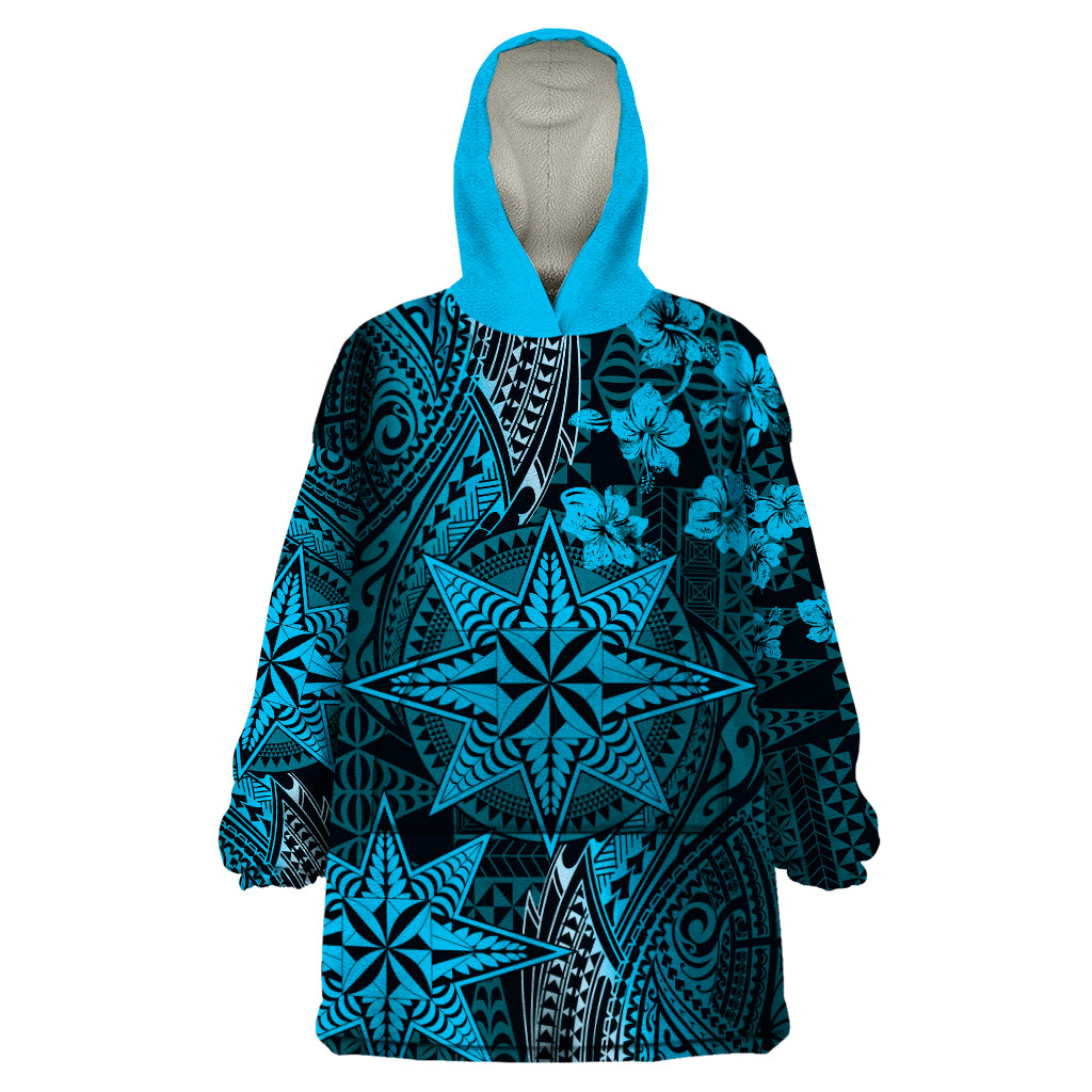 Vintage Tonga Tribal Ngatu Pattern Wearable Blanket Hoodie With Pacific Floral Aqua Art