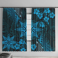 Vintage Tonga Tribal Ngatu Pattern Window Curtain With Pacific Floral Aqua Art LT9 With Hooks Aqua - Polynesian Pride