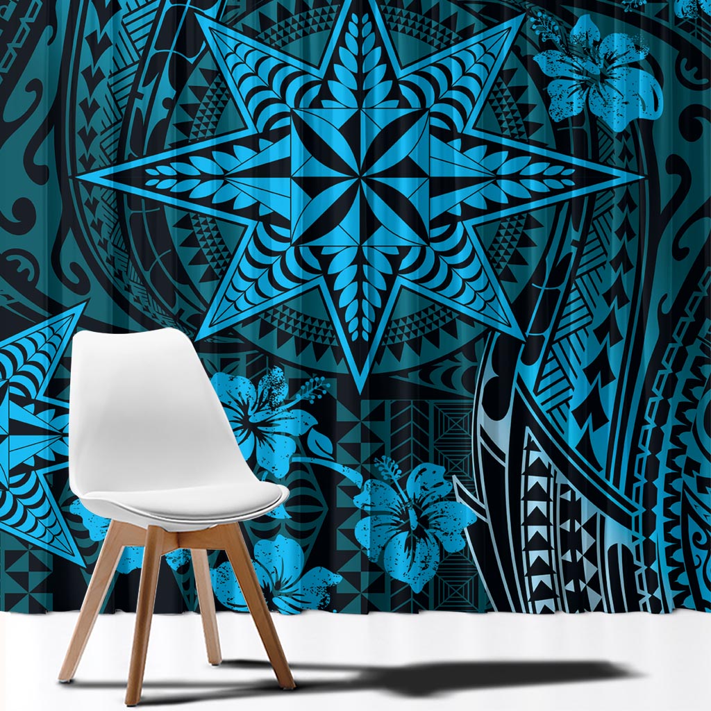 Vintage Tonga Tribal Ngatu Pattern Window Curtain With Pacific Floral Aqua Art LT9 - Polynesian Pride