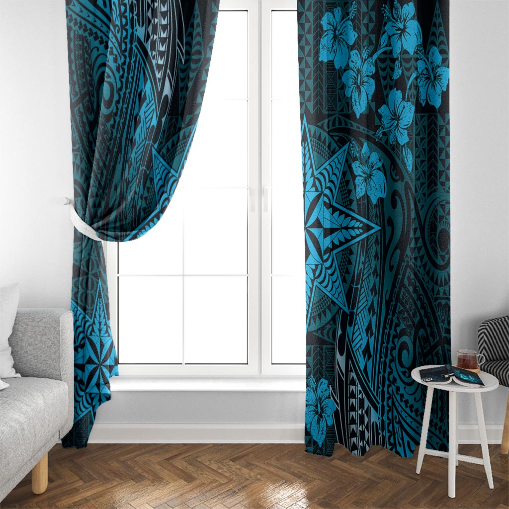 Vintage Tonga Tribal Ngatu Pattern Window Curtain With Pacific Floral Aqua Art LT9 - Polynesian Pride