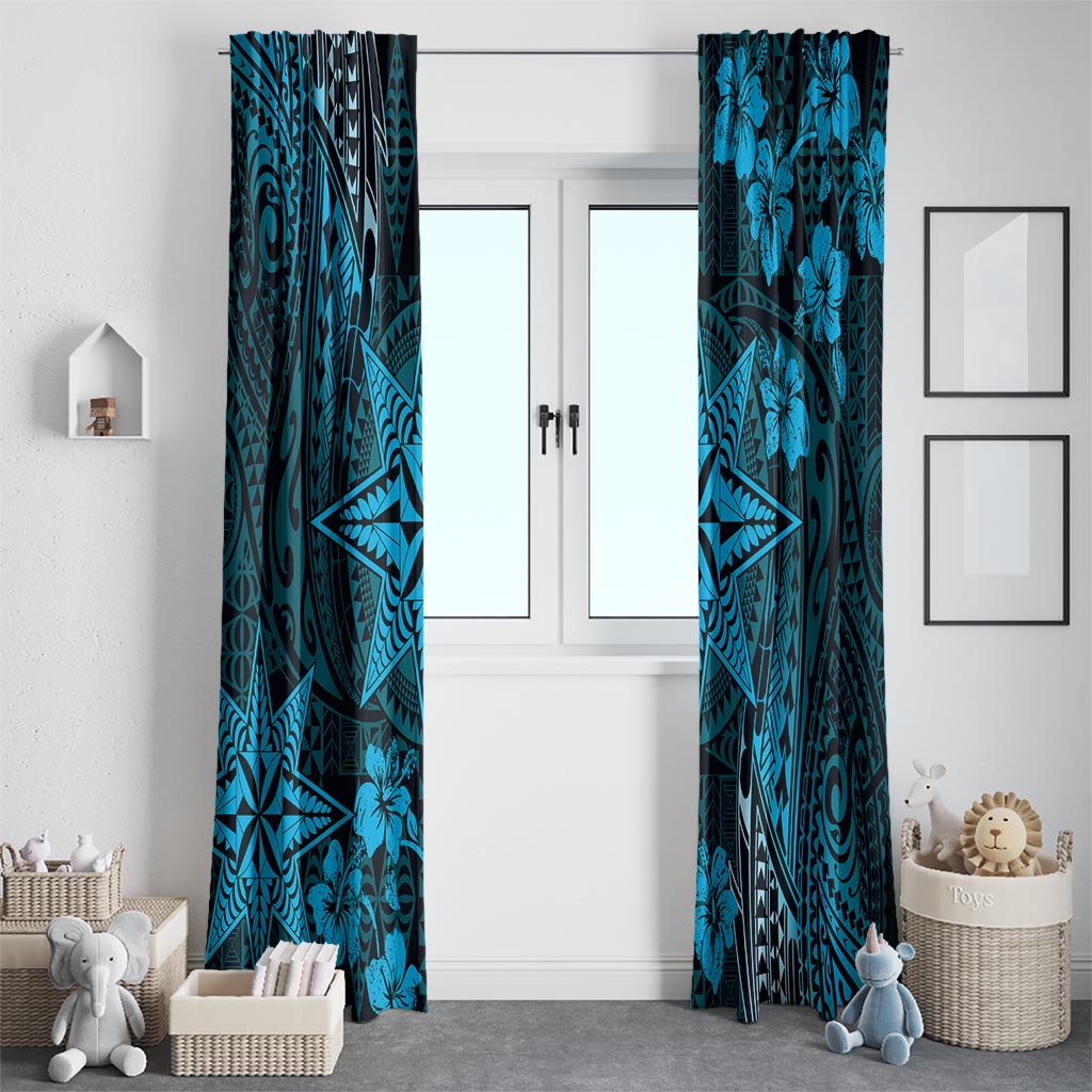 Vintage Tonga Tribal Ngatu Pattern Window Curtain With Pacific Floral Aqua Art LT9 - Polynesian Pride