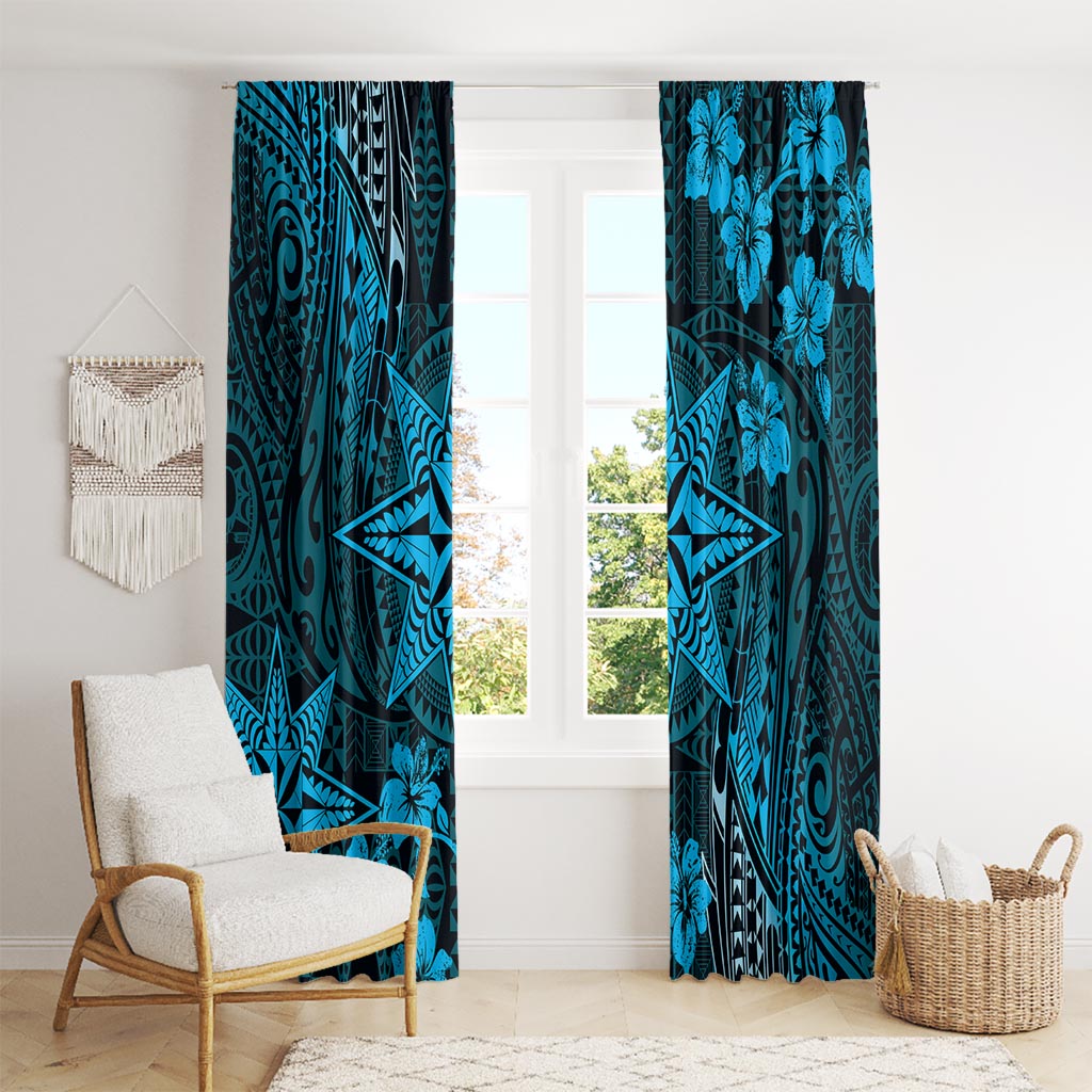 Vintage Tonga Tribal Ngatu Pattern Window Curtain With Pacific Floral Aqua Art LT9 - Polynesian Pride