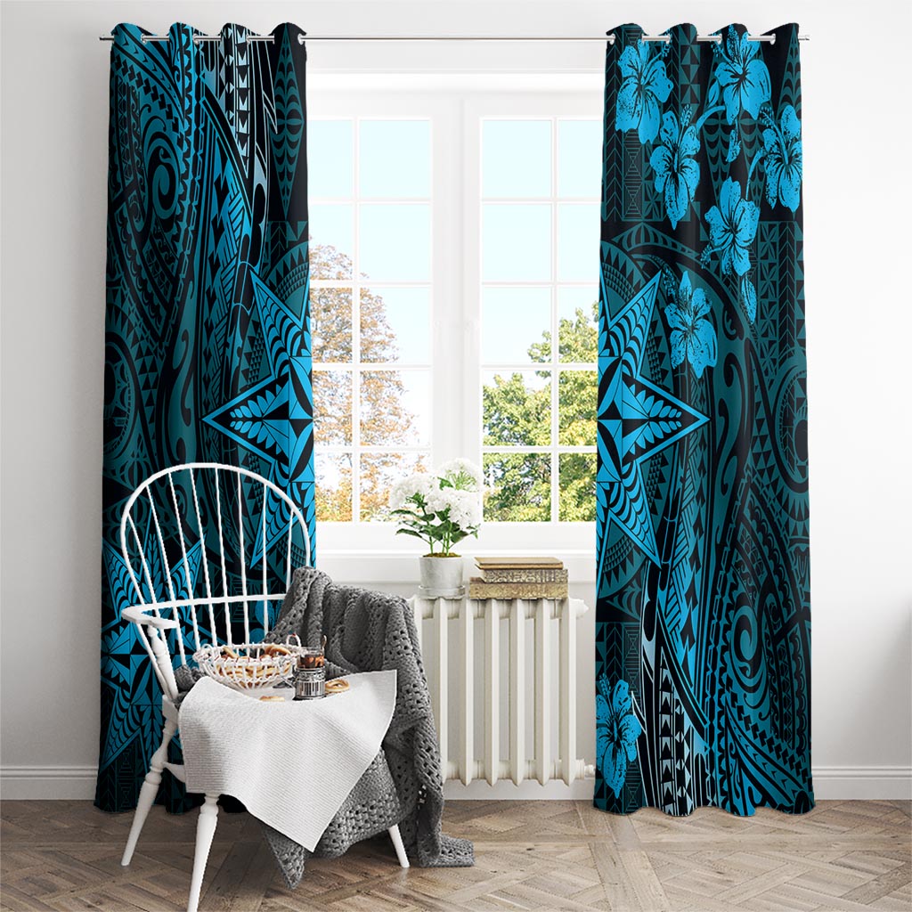 Vintage Tonga Tribal Ngatu Pattern Window Curtain With Pacific Floral Aqua Art LT9 - Polynesian Pride
