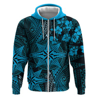 Vintage Tonga Tribal Ngatu Pattern Zip Hoodie With Pacific Floral Aqua Art LT9 Zip Hoodie Aqua - Polynesian Pride