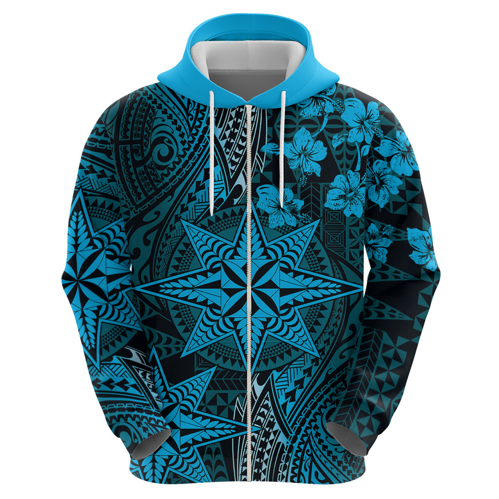 Vintage Tonga Tribal Ngatu Pattern Zip Hoodie With Pacific Floral Aqua Art LT9 - Polynesian Pride
