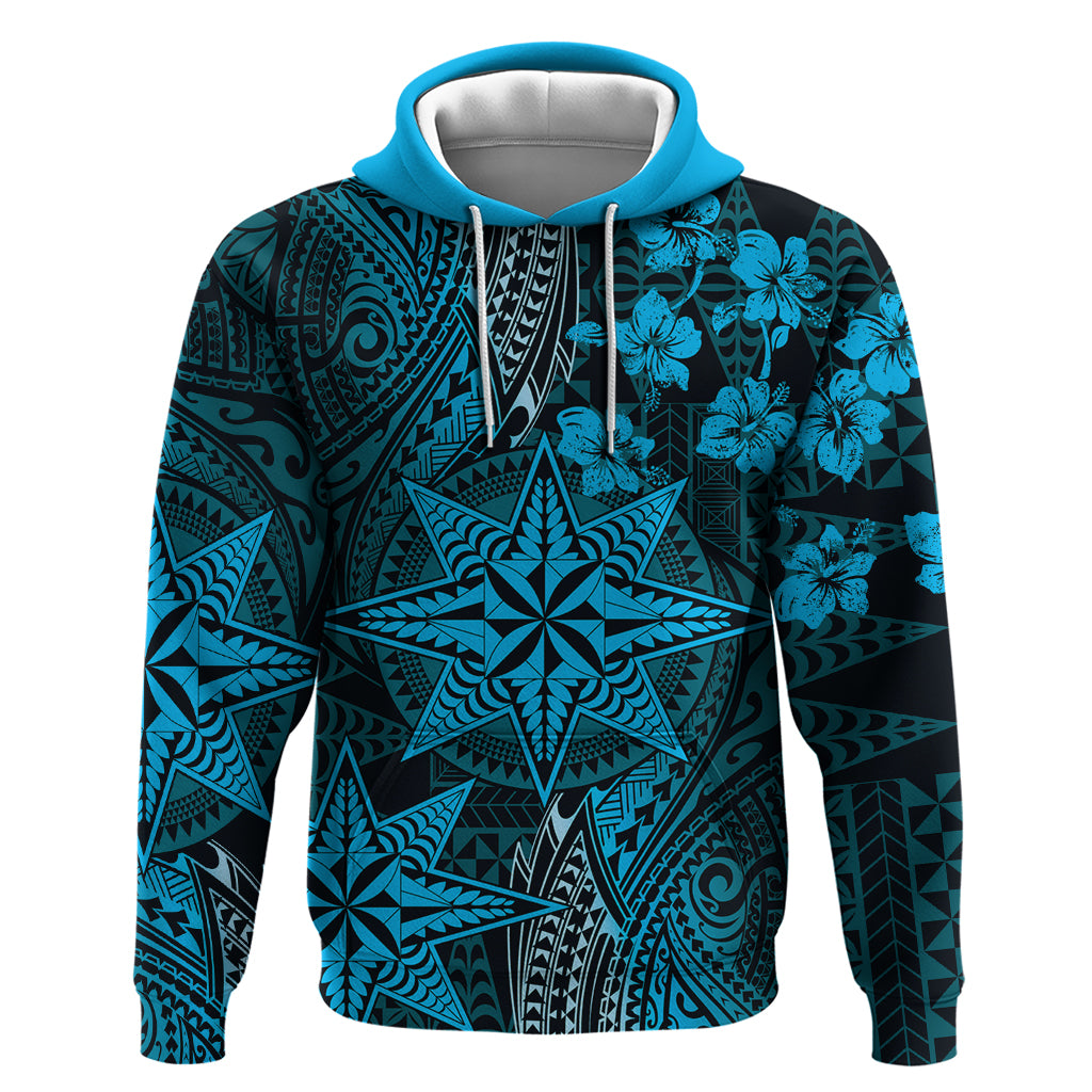 Vintage Tonga Tribal Ngatu Pattern Zip Hoodie With Pacific Floral Aqua Art LT9 Pullover Hoodie Aqua - Polynesian Pride