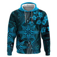Vintage Tonga Tribal Ngatu Pattern Zip Hoodie With Pacific Floral Aqua Art LT9 Pullover Hoodie Aqua - Polynesian Pride