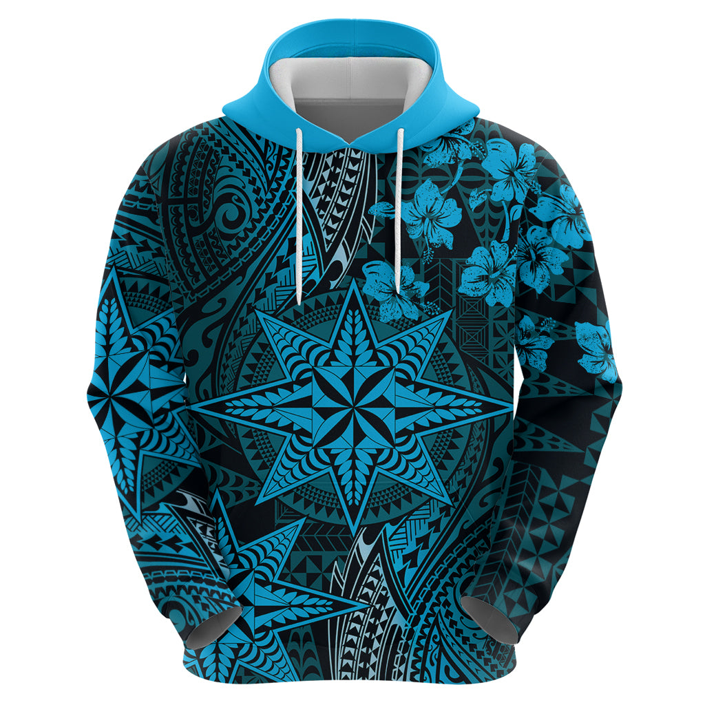 Vintage Tonga Tribal Ngatu Pattern Zip Hoodie With Pacific Floral Aqua Art LT9 - Polynesian Pride