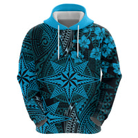 Vintage Tonga Tribal Ngatu Pattern Zip Hoodie With Pacific Floral Aqua Art LT9 - Polynesian Pride