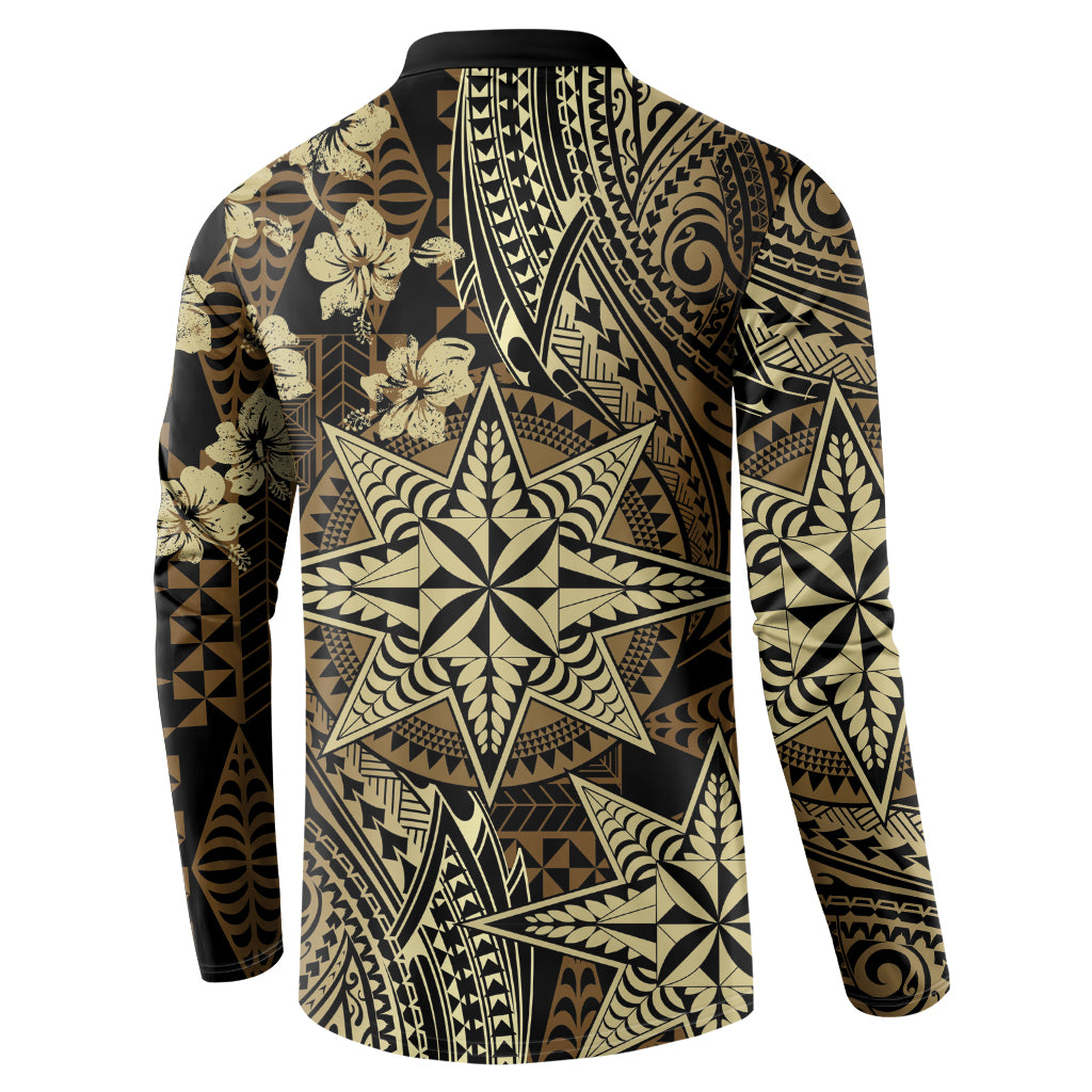 Vintage Tonga Tribal Ngatu Pattern Button Sweatshirt With Pacific Floral Brown Art LT9 - Polynesian Pride