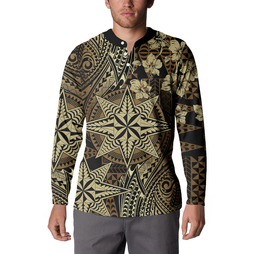 Vintage Tonga Tribal Ngatu Pattern Button Sweatshirt With Pacific Floral Brown Art LT9 - Polynesian Pride
