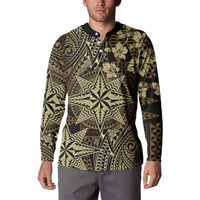 Vintage Tonga Tribal Ngatu Pattern Button Sweatshirt With Pacific Floral Brown Art LT9 - Polynesian Pride
