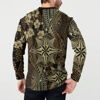 Vintage Tonga Tribal Ngatu Pattern Button Sweatshirt With Pacific Floral Brown Art LT9 - Polynesian Pride