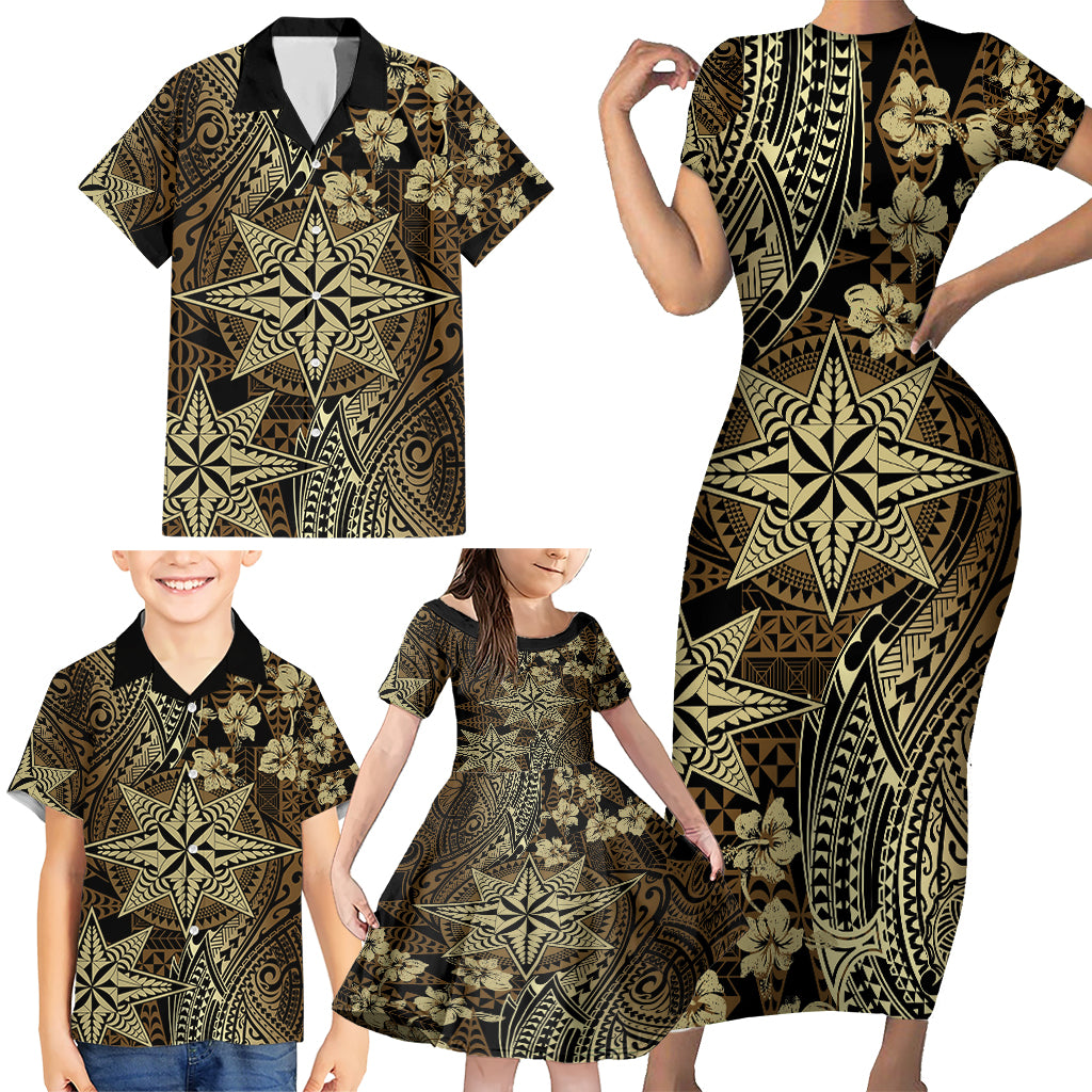 Vintage Tonga Tribal Ngatu Pattern Family Matching Short Sleeve Bodycon Dress and Hawaiian Shirt With Pacific Floral Brown Art