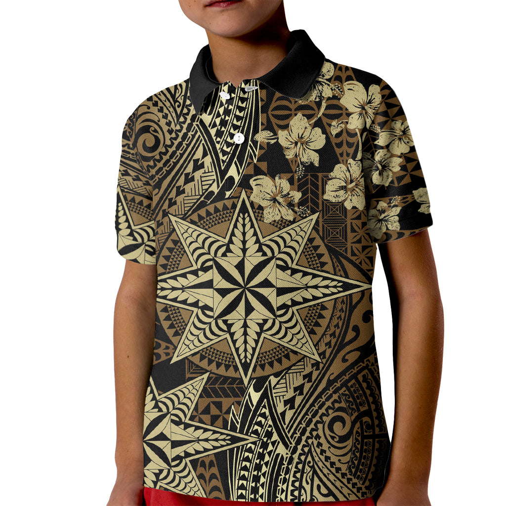 Vintage Tonga Tribal Ngatu Pattern Kid Polo Shirt With Pacific Floral Brown Art