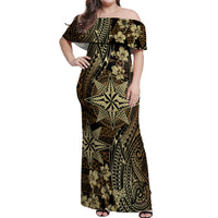 Vintage Tonga Tribal Ngatu Pattern Off Shoulder Maxi Dress With Pacific Floral Brown Art LT9 Women Brown - Polynesian Pride