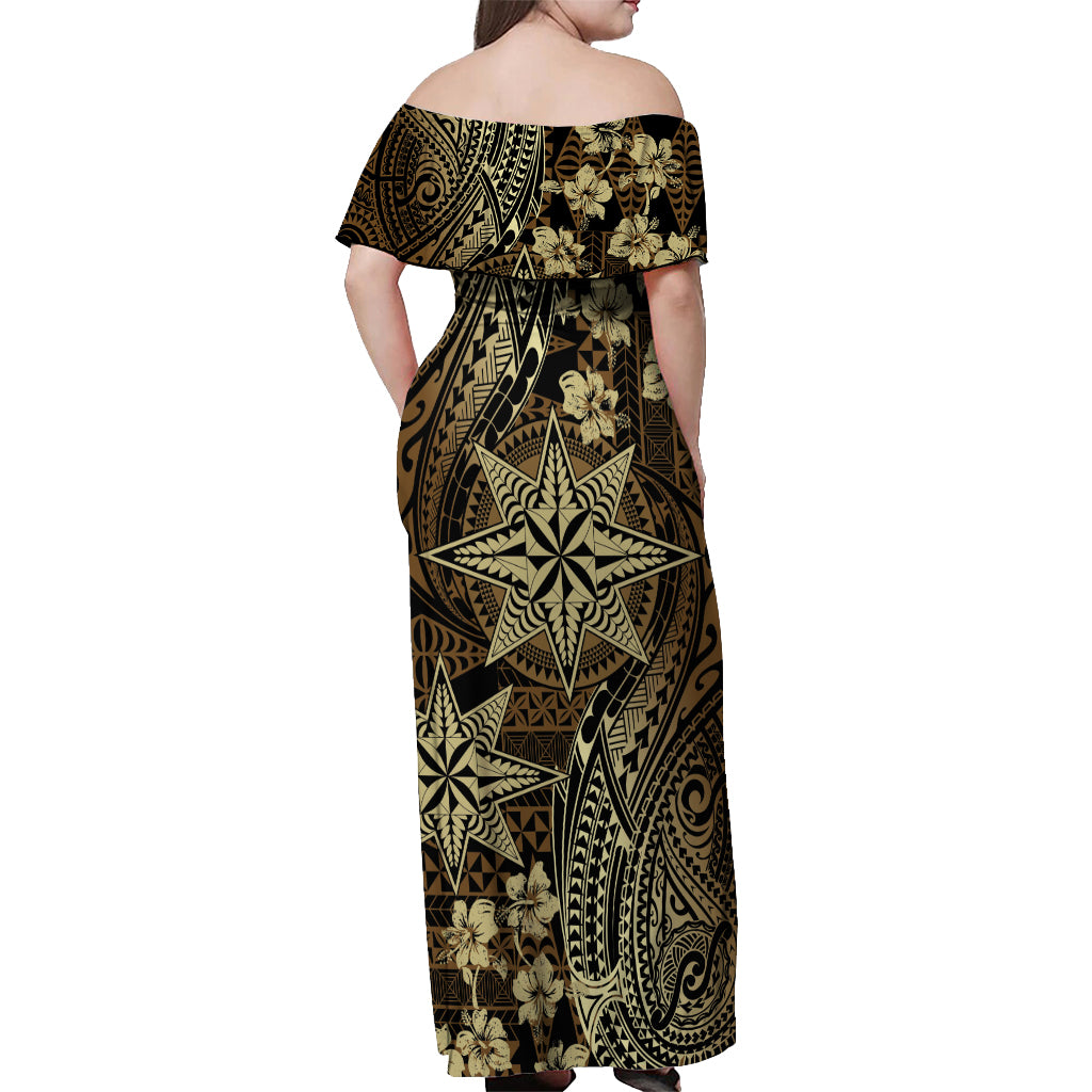 Vintage Tonga Tribal Ngatu Pattern Off Shoulder Maxi Dress With Pacific Floral Brown Art LT9 - Polynesian Pride