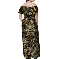 Vintage Tonga Tribal Ngatu Pattern Off Shoulder Maxi Dress With Pacific Floral Brown Art LT9 - Polynesian Pride