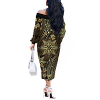 Vintage Tonga Tribal Ngatu Pattern Off The Shoulder Long Sleeve Dress With Pacific Floral Brown Art LT9 - Polynesian Pride