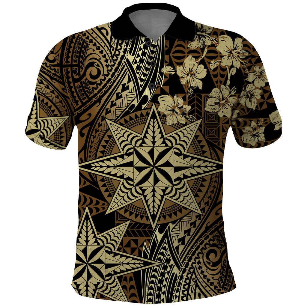 Vintage Tonga Tribal Ngatu Pattern Polo Shirt With Pacific Floral Brown Art LT9 Brown - Polynesian Pride