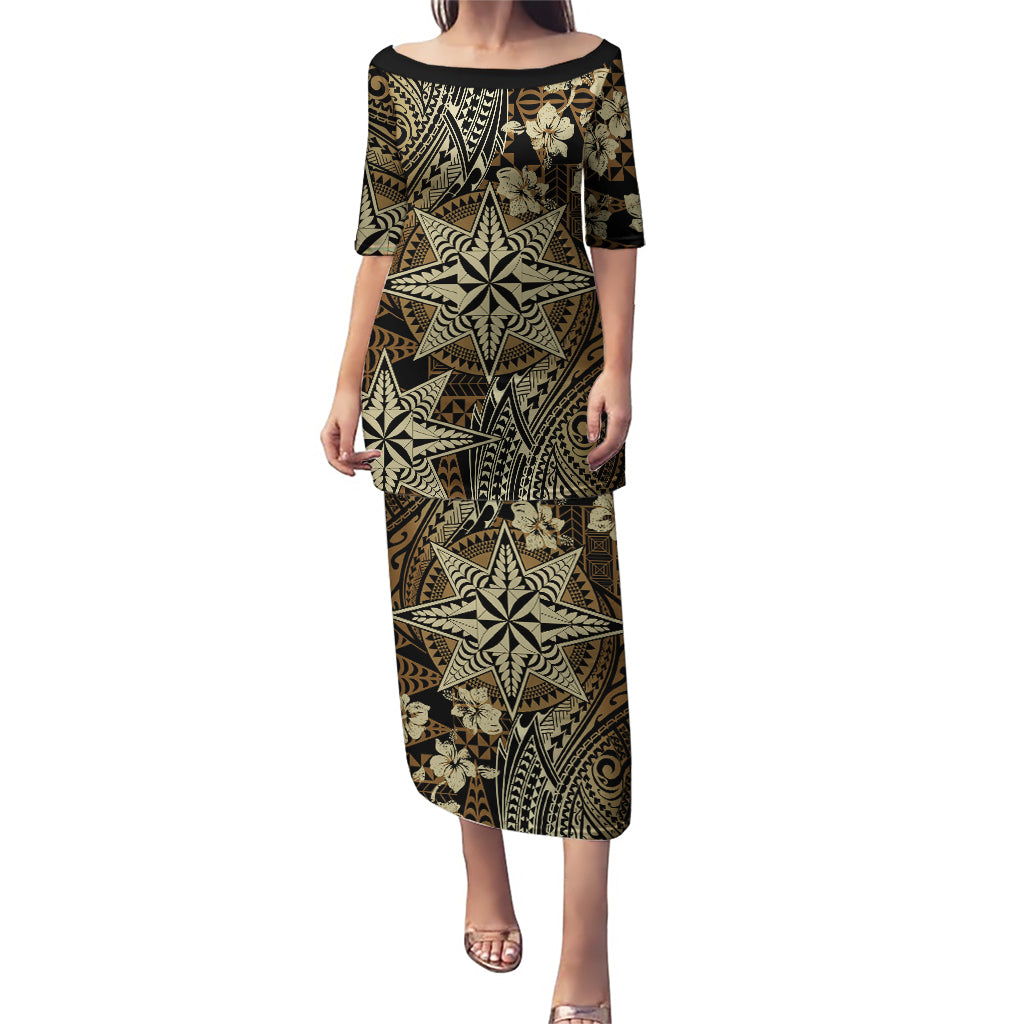Vintage Tonga Tribal Ngatu Pattern Puletasi With Pacific Floral Brown Art LT9 Long Dress Brown - Polynesian Pride