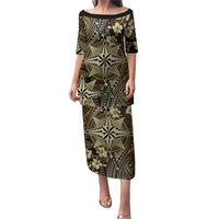 Vintage Tonga Tribal Ngatu Pattern Puletasi With Pacific Floral Brown Art LT9 Long Dress Brown - Polynesian Pride