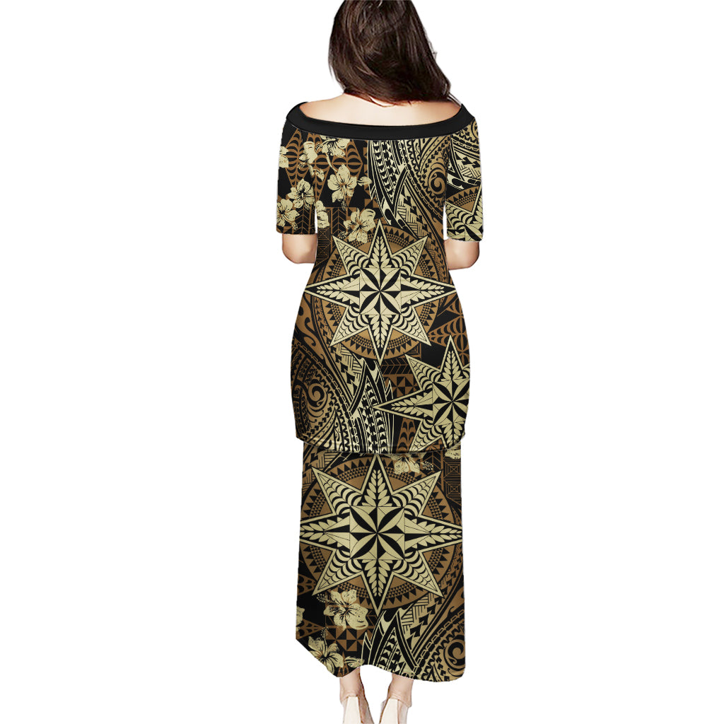 Vintage Tonga Tribal Ngatu Pattern Puletasi With Pacific Floral Brown Art LT9 - Polynesian Pride