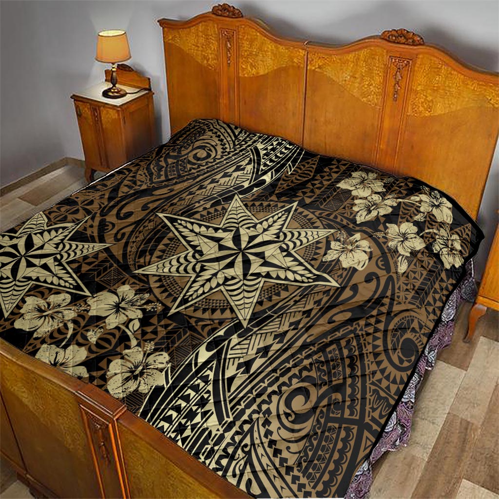 Vintage Tonga Tribal Ngatu Pattern Quilt With Pacific Floral Brown Art LT9 - Polynesian Pride