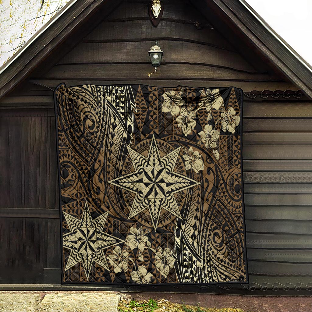 Vintage Tonga Tribal Ngatu Pattern Quilt With Pacific Floral Brown Art LT9 - Polynesian Pride