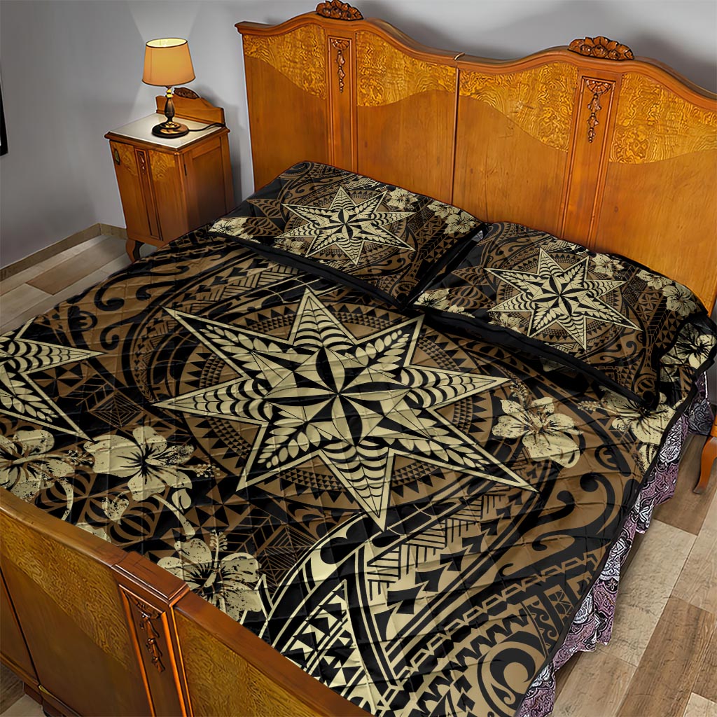 Vintage Tonga Tribal Ngatu Pattern Quilt Bed Set With Pacific Floral Brown Art LT9 - Polynesian Pride