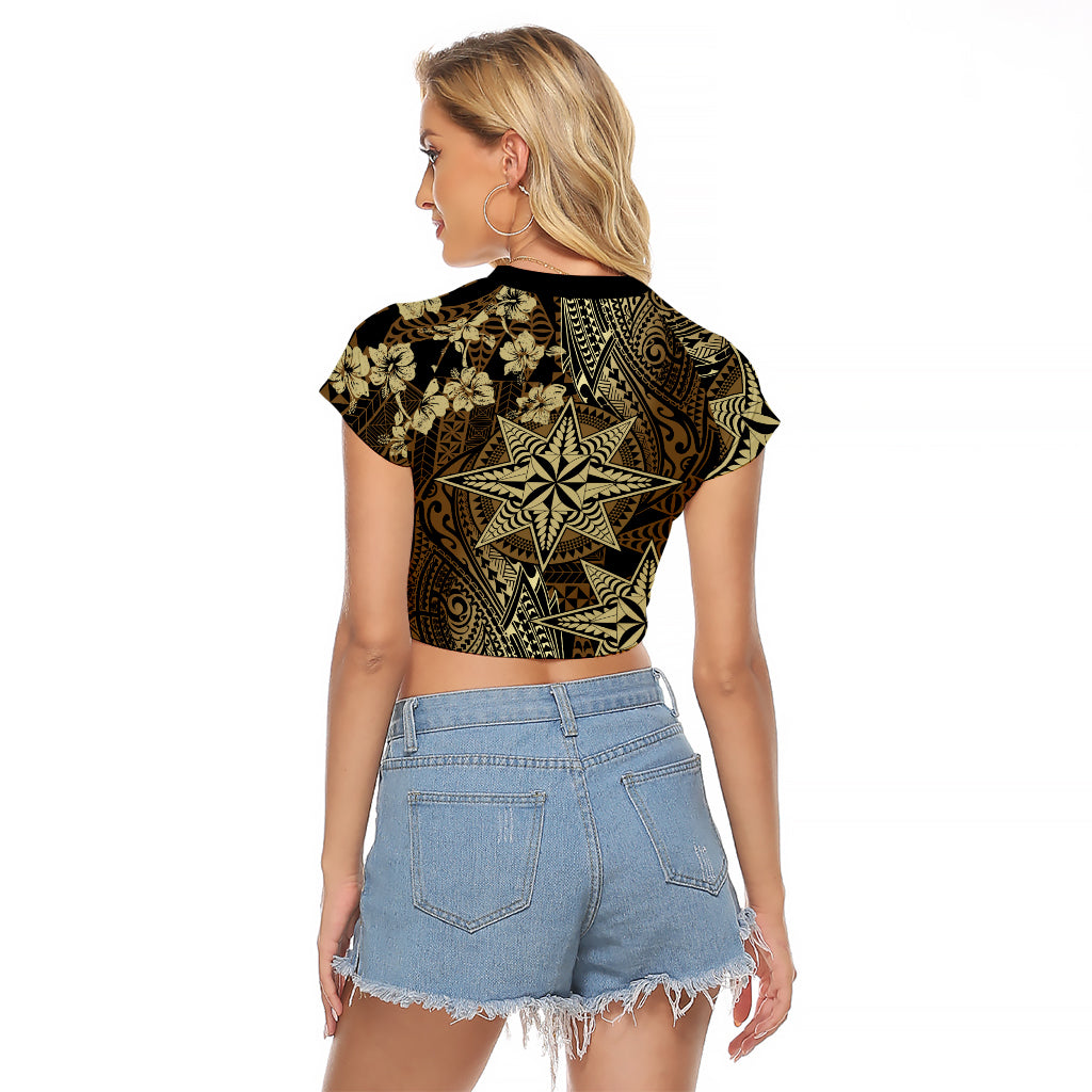 Vintage Tonga Tribal Ngatu Pattern Raglan Cropped T Shirt With Pacific Floral Brown Art LT9 - Polynesian Pride